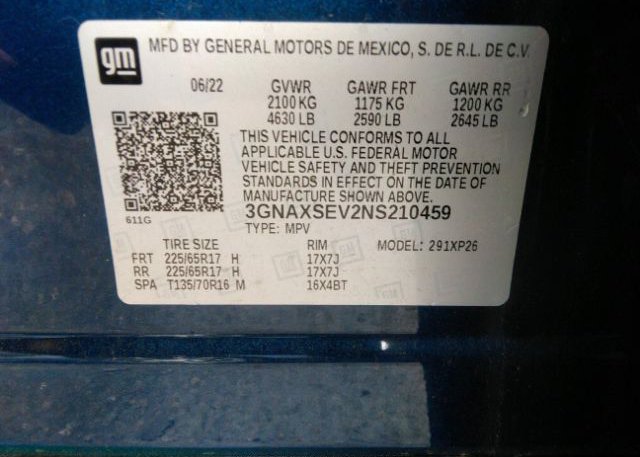 2022 CHEVROLET EQUINOX(VIN: 3GNAXSEV2NS210459