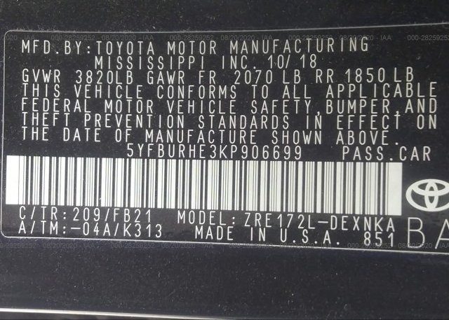 5YFBURHE3KP906699 2019 TOYOTA COROLLA