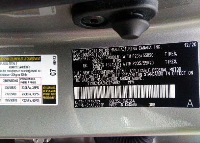 2021 LEXUS RX(VIN: 2T2HZMDA5MC274692