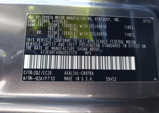 2022 TOYOTA RAV4(VIN: 4T3E6RFV8NU092179