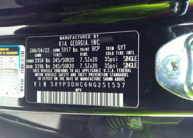 2022 KIA TELLURIDE(VIN: 5XYP3DHC6NG251537