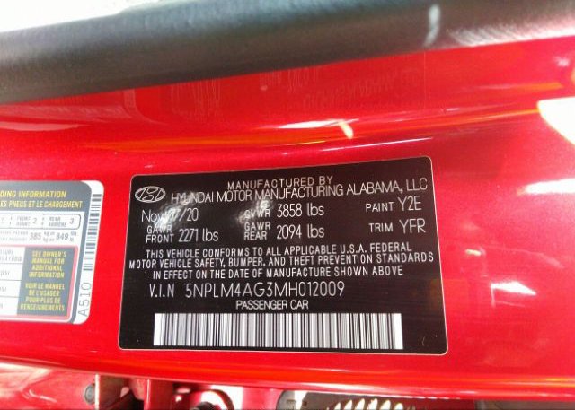 2021 HYUNDAI ELANTRA(VIN: 5NPLM4AG3MH012009