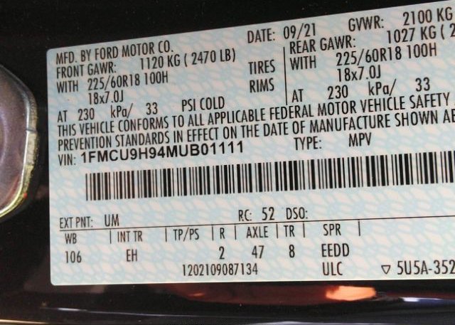 2021 FORD ESCAPE(VIN: 1FMCU9H94MUB01111
