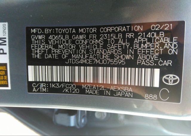 2021 TOYOTA COROLLA(VIN: JTDS4MCE7MJ075595