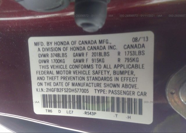 2HGFB2F52DH577005 2013 HONDA CIVIC SDN