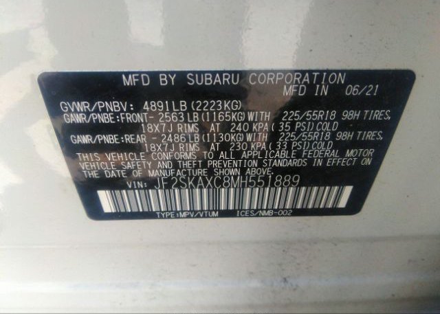 2021 SUBARU FORESTER(VIN: JF2SKAXC8MH551889