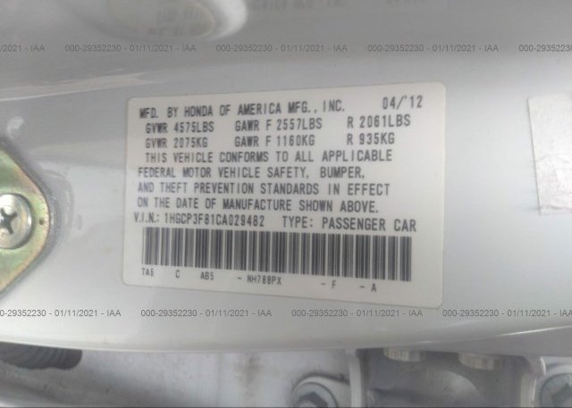 1HGCP3F81CA029482 2012 HONDA ACCORD SDN