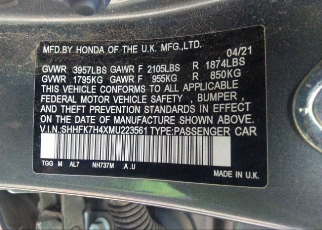 2021 HONDA CIVIC HATCHBACK(VIN: SHHFK7H4XMU223561