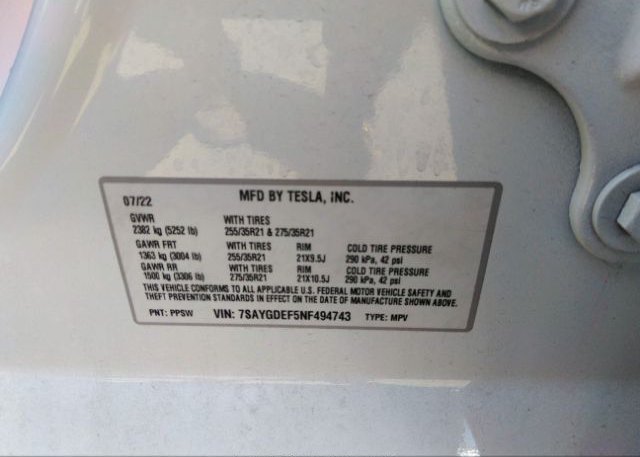 2022 TESLA MODEL Y(VIN: 7SAYGDEF5NF494743