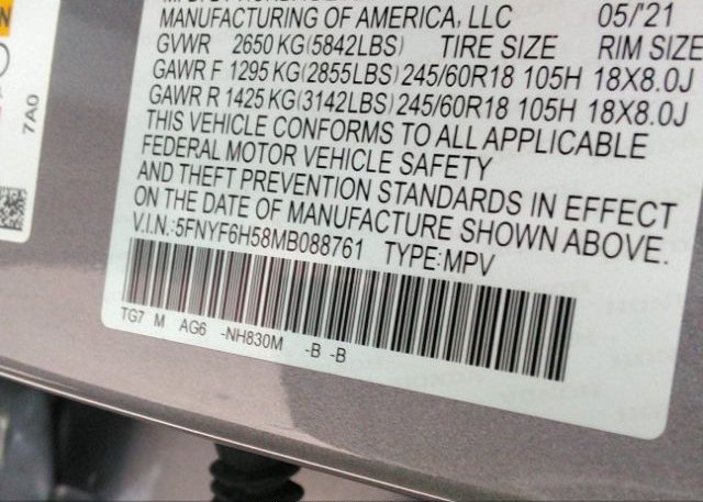 2021 HONDA PILOT(VIN: 5FNYF6H58MB088761