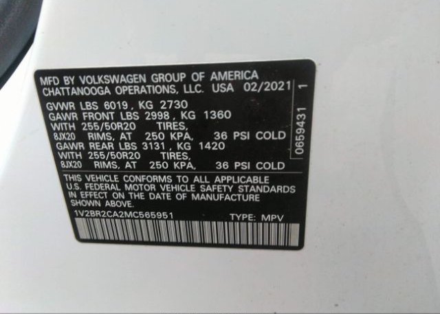 2021 VOLKSWAGEN ATLAS(VIN: 1V2BR2CA2MC565951