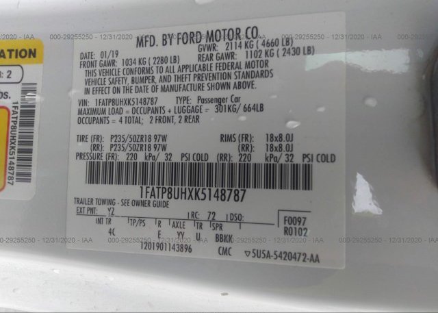 1FATP8UHXK5148787 2019 FORD MUSTANG