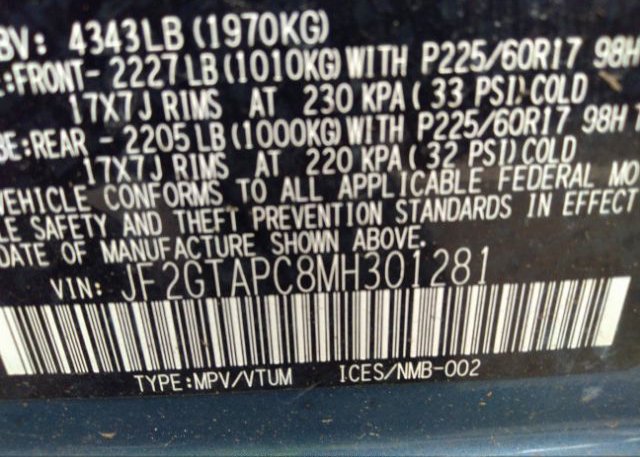 2021 SUBARU CROSSTREK(VIN: JF2GTAPC8MH301281