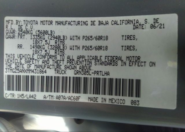 2021 TOYOTA TACOMA 4WD(VIN: 3TMGZ5ANXMM431864