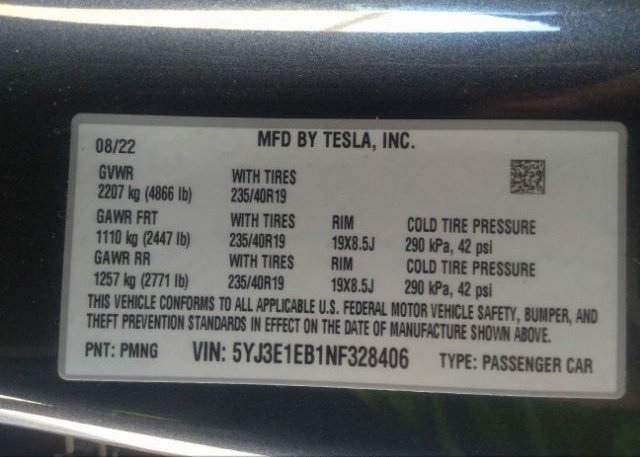 2022 TESLA MODEL 3(VIN: 5YJ3E1EB1NF328406