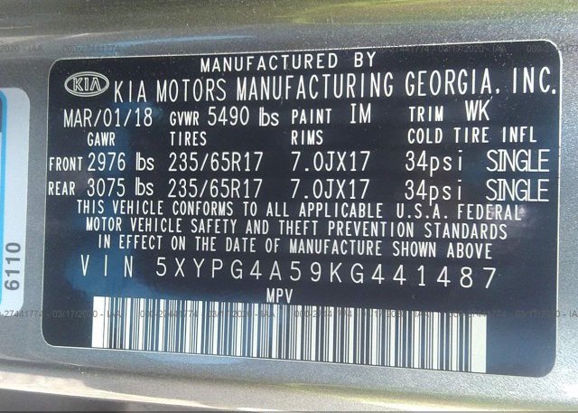 5XYPG4A59KG441487 2019 KIA SORENTO