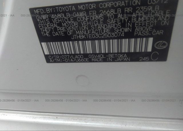 JTHBK1EG3C2503074 2012 LEXUS ES 350