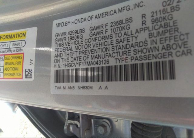 2021 HONDA ACCORD SEDAN(VIN: 1HGCV1F17MA043126