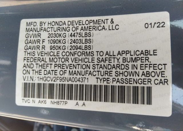 2022 HONDA ACCORD SEDAN(VIN: 1HGCV2F95NA004371