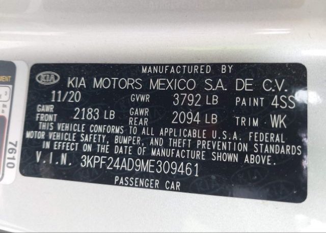 2021 KIA FORTE(VIN: 3KPF24AD9ME309461