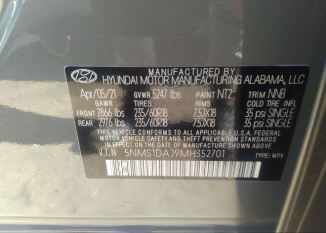 2021 HYUNDAI SANTA FE(VIN: 5NMS1DAJ9MH352701
