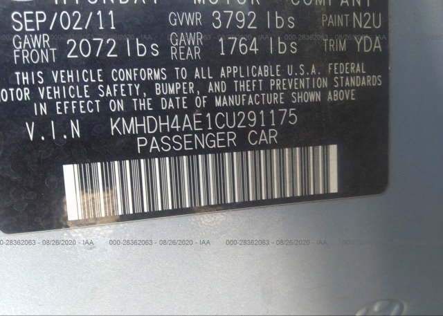 KMHDH4AE1CU291175 2012 HYUNDAI ELANTRA