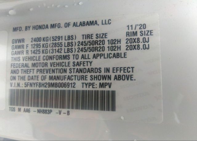 2021 HONDA PASSPORT(VIN: 5FNYF8H29MB006912