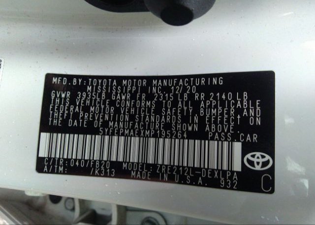 2021 TOYOTA COROLLA(VIN: 5YFEPMAEXMP195264