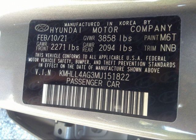 2021 HYUNDAI ELANTRA(VIN: KMHLL4AG3MU151822