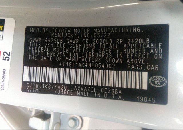 2022 TOYOTA CAMRY(VIN: 4T1G11AK4NU054902