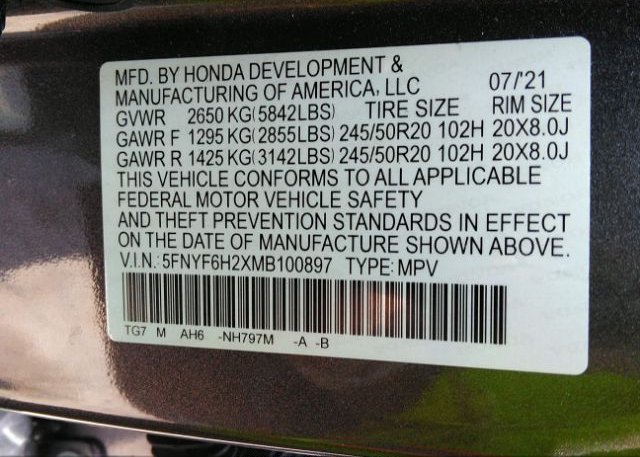 2021 HONDA PILOT(VIN: 5FNYF6H2XMB100897