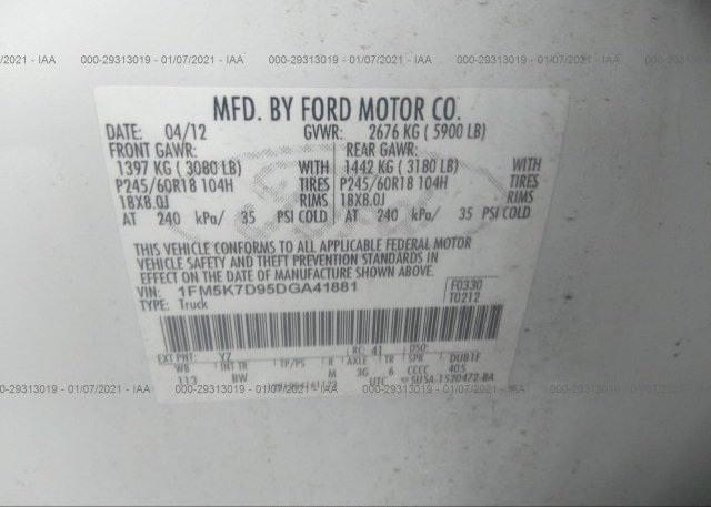 1FM5K7D95DGA41881 2013 FORD EXPLORER