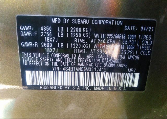 2021 SUBARU OUTBACK(VIN: 4S4BTANC6M3212412