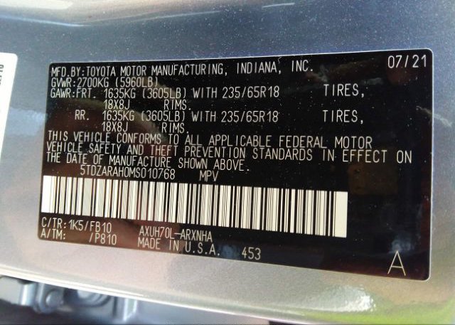 2021 TOYOTA HIGHLANDER(VIN: 5TDZARAH0MS010768