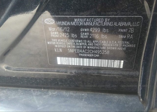 5NPEB4AC2CH495258 2012 HYUNDAI SONATA