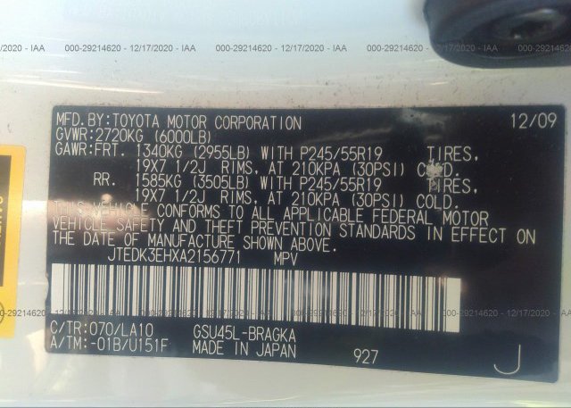 JTEDK3EHXA2156771 2010 TOYOTA HIGHLANDER