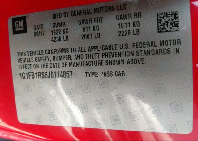 2018 CHEVROLET CAMARO VIN: 1G1FB1RS6J0114867