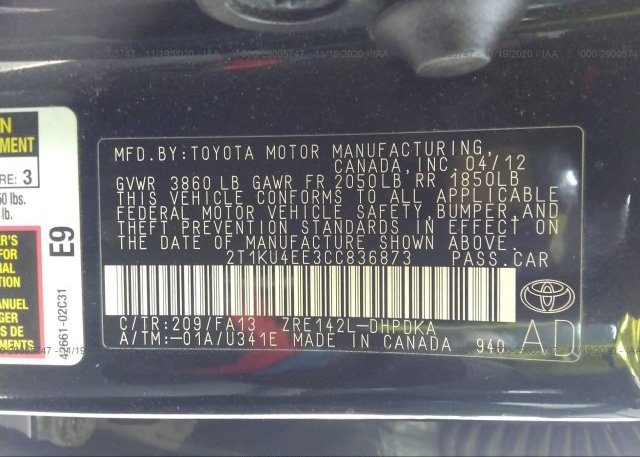 2T1KU4EE3CC836873 2012 TOYOTA MATRIX