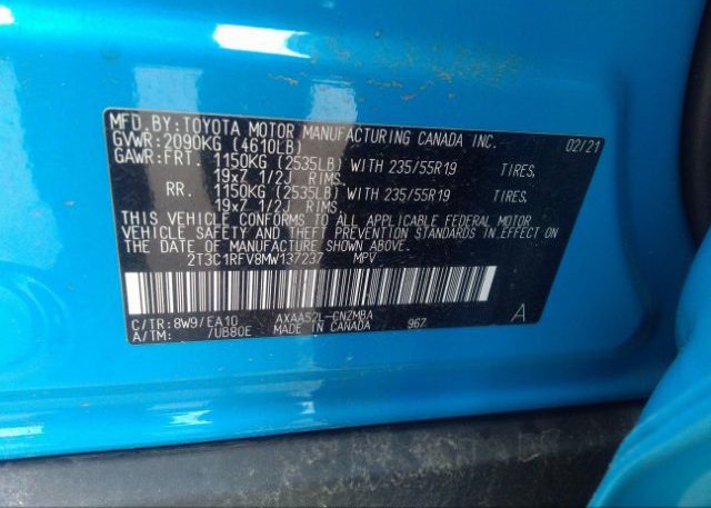 2021 TOYOTA RAV4(VIN: 2T3C1RFV8MW137237