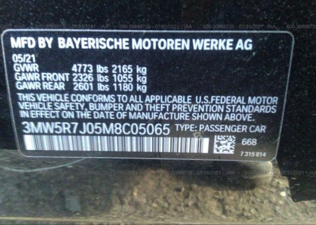 2021 BMW 3 SERIES VIN: 3MW5R7J05M8C05065