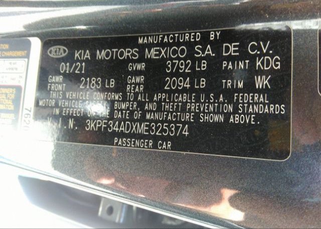 2021 KIA FORTE(VIN: 3KPF34ADXME325374