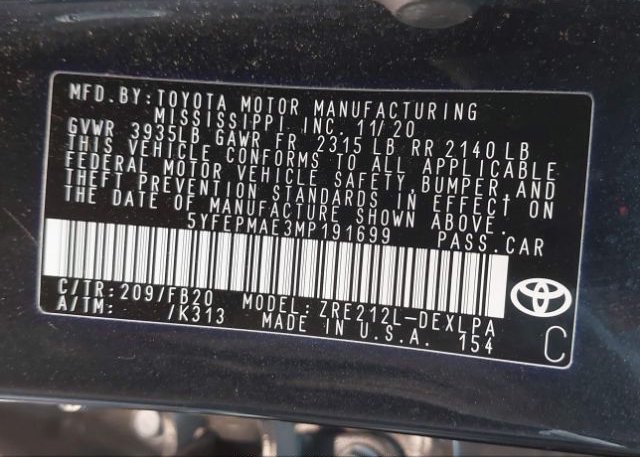 2021 TOYOTA COROLLA(VIN: 5YFEPMAE3MP191699