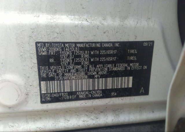 2021 TOYOTA RAV4(VIN: 2T3G1RFV2MC237918