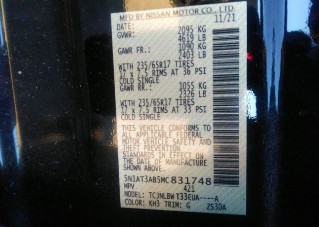 2021 NISSAN ROGUE(VIN: 5N1AT3AB5MC831748
