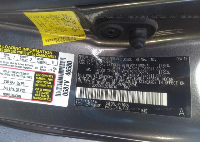 5TDDK3DC6CS045740 2012 TOYOTA SIENNA