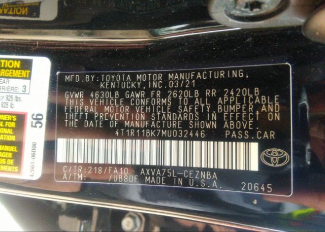 2021 TOYOTA CAMRY(VIN: 4T1R11BK7MU032446