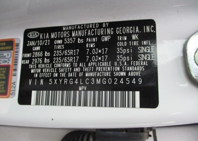 2021 KIA SORENTO(VIN: 5XYRG4LC3MG024549