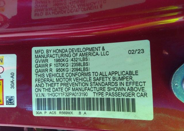 2023 HONDA ACCORD SEDAN(VIN: 1HGCY1F32PA013190