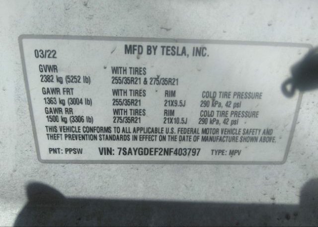 2022 TESLA MODEL Y(VIN: 7SAYGDEF2NF403797