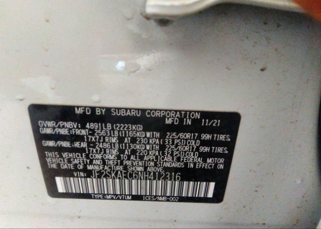 2022 SUBARU FORESTER(VIN: JF2SKAEC6NH412316